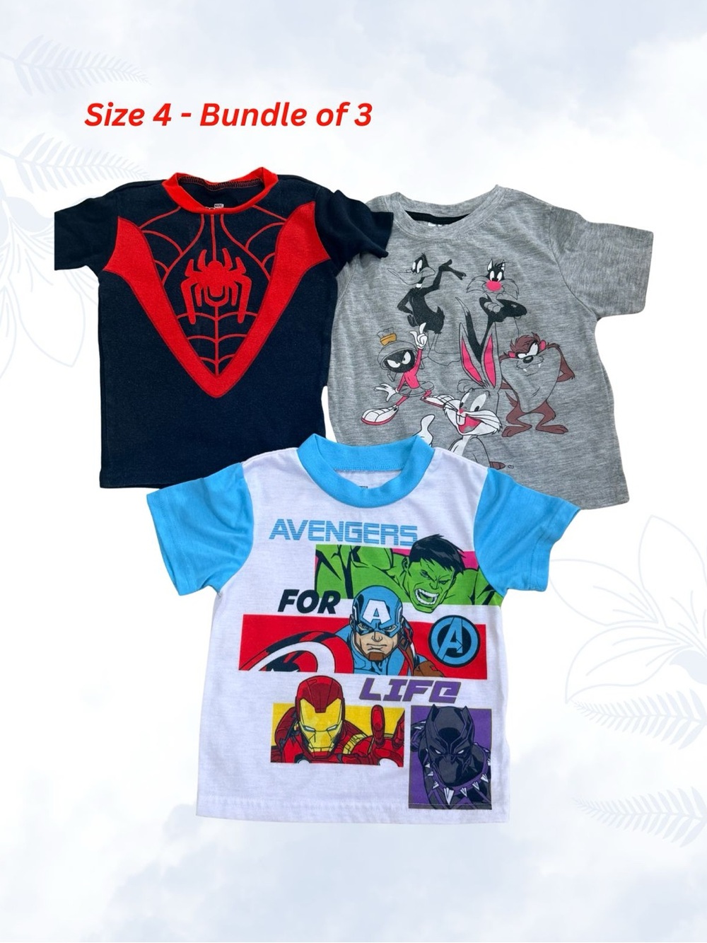 Bundle of 3 Character Tees – Size 4 (Marvel + Looney Tunes)